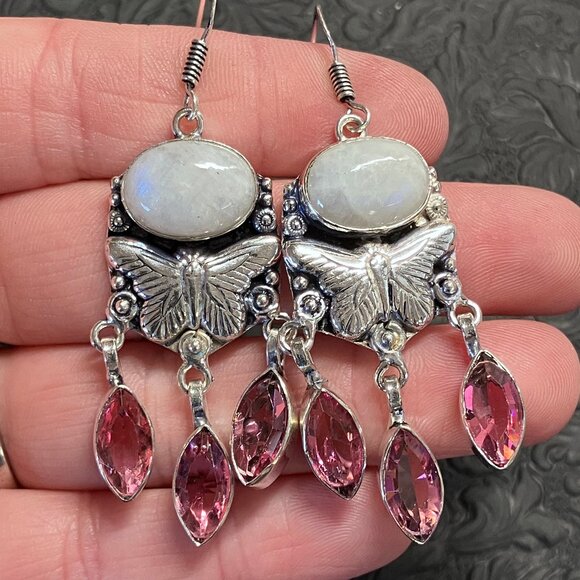 Dangly Faceted Pink Gem and Rainbow Moonstone Butterfly Earrings - Picture 1 of 5